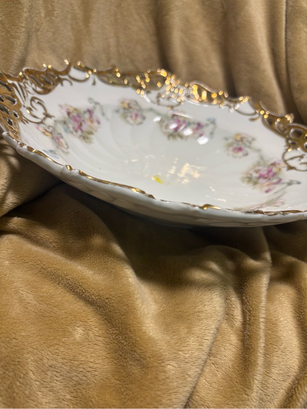 White Porcelain Floral Serving Bowl with Gold Trim